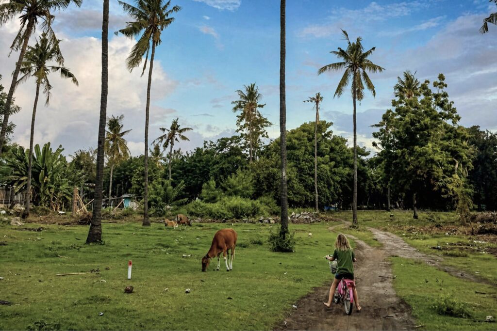 cycling Gili Air Indonesia. En la foto se ve a una niña con una bicicleta al lado de palmeras y una vaca
